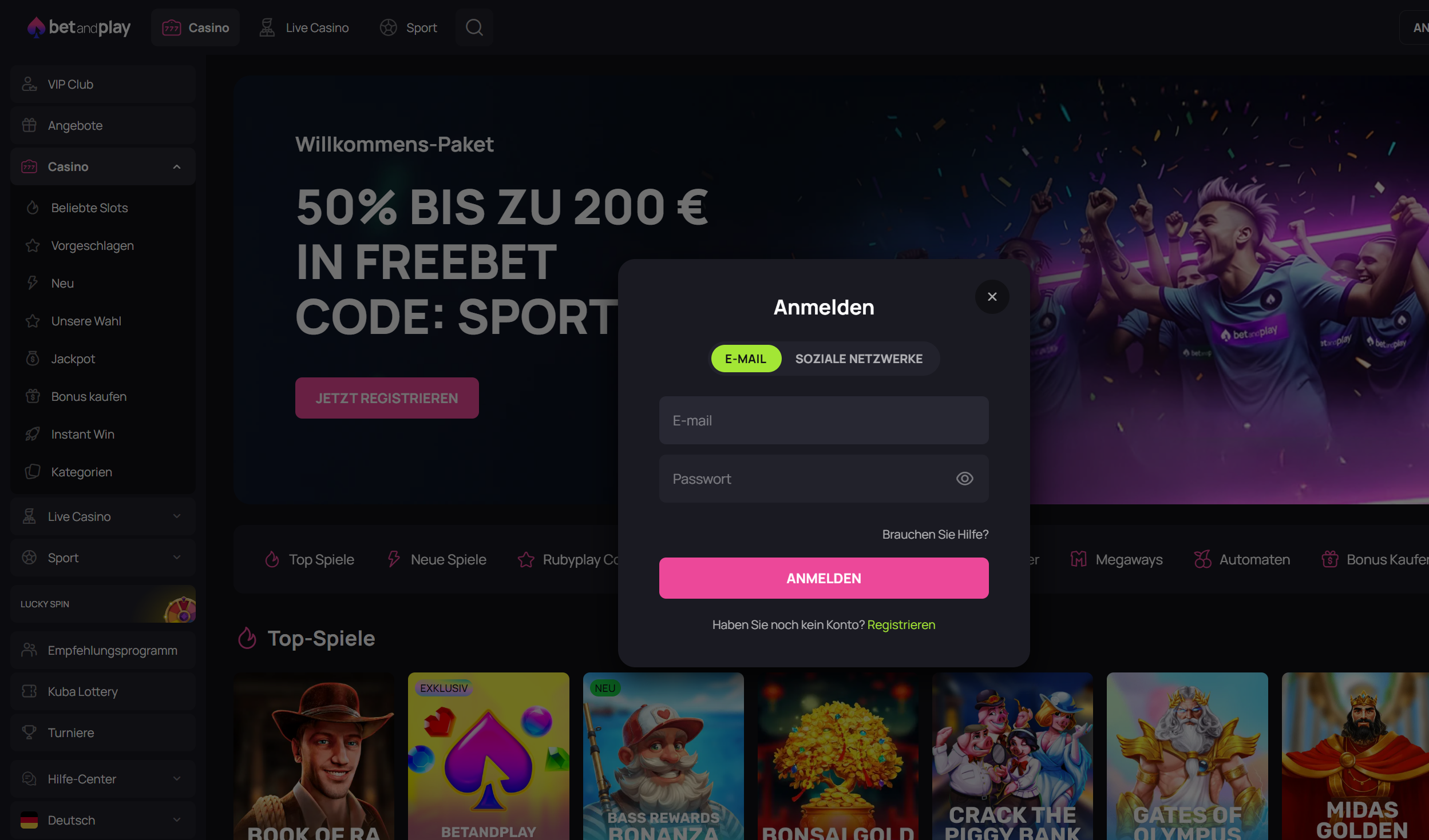 BetandPlay login modal with email, password and a 50 percent freebet hero behind it